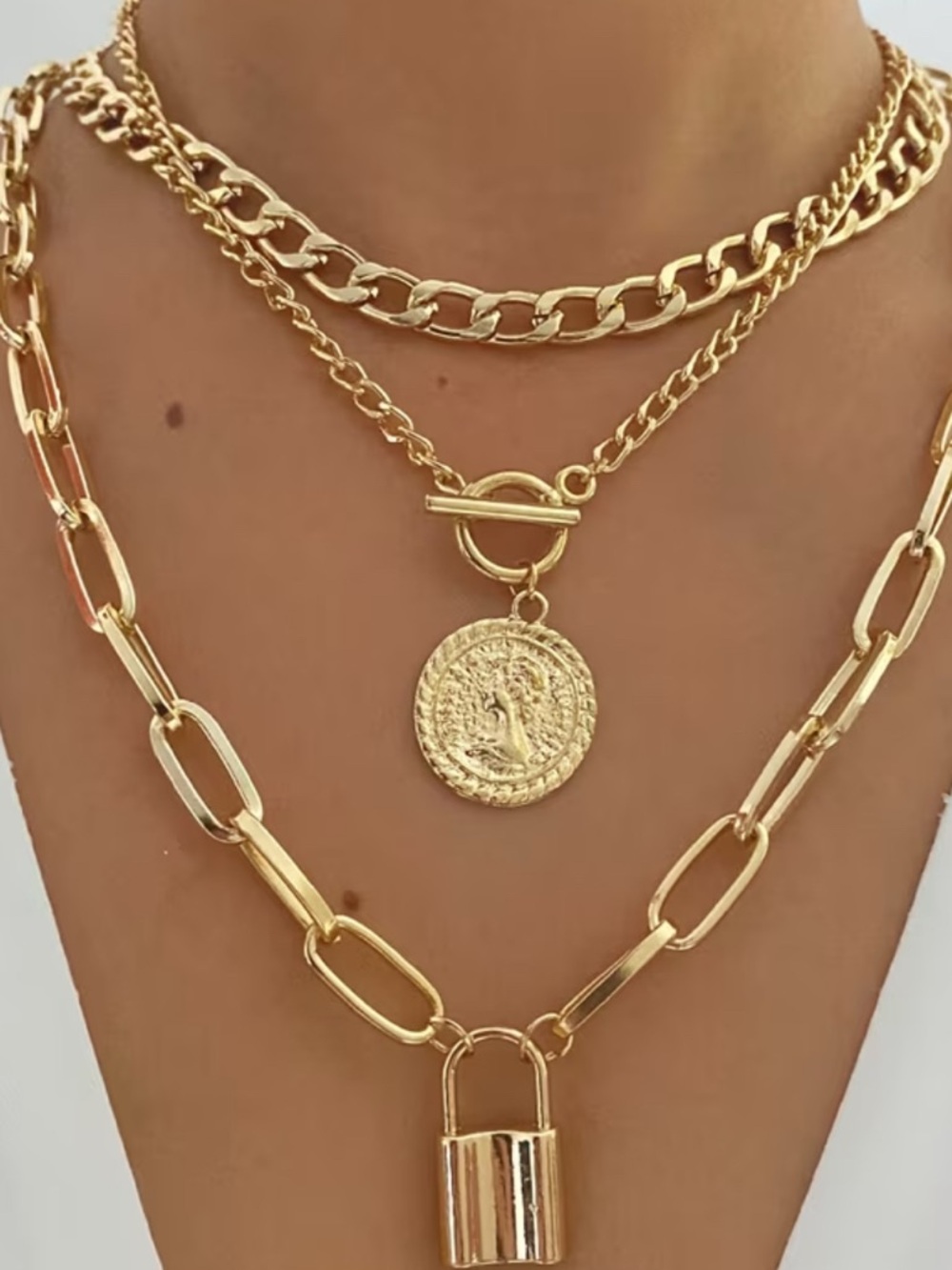 Layered Gold Coin & Padlock Necklace Trio - Women's Jewelry 3 Necklaces - Picture 2 of 4
